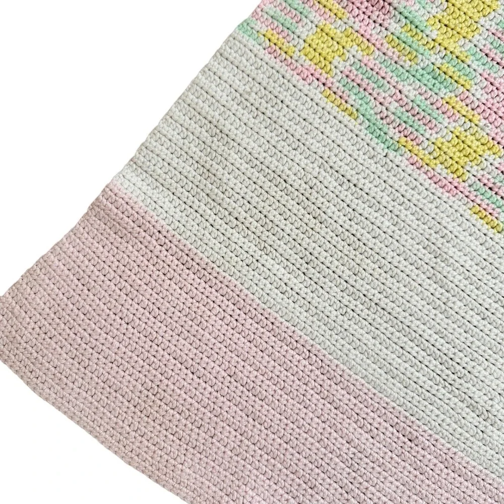 Handmade Crochet Baby‎ Blanket Pink Cream Yellow Pastel Striped Throw 33X26
